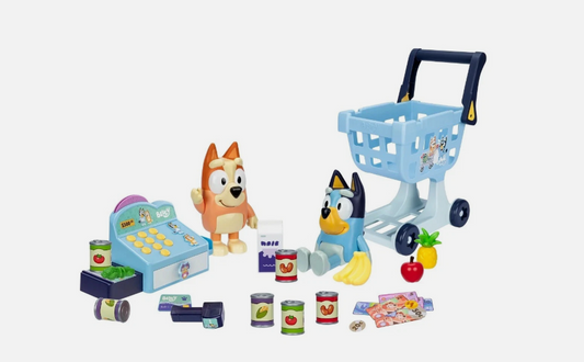 Bluey Set Carritos de Compras Bluey incluye Bluey 25 cm y Bingo 22cm
