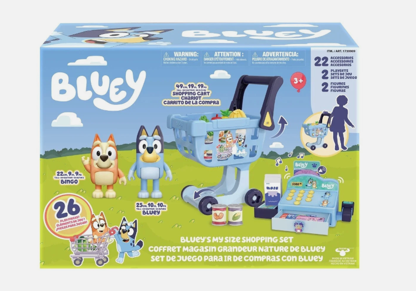 Bluey Set Carritos de Compras Bluey incluye Bluey 25 cm y Bingo 22cm