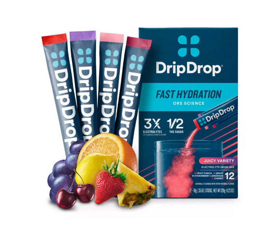 DripDrop Hydration Powder Vegan Electrolyte Supplements - Juicy Variety - Fruit Punch, Grape, Strawberry Lemonade, Cherry - 0.35oz/12ct