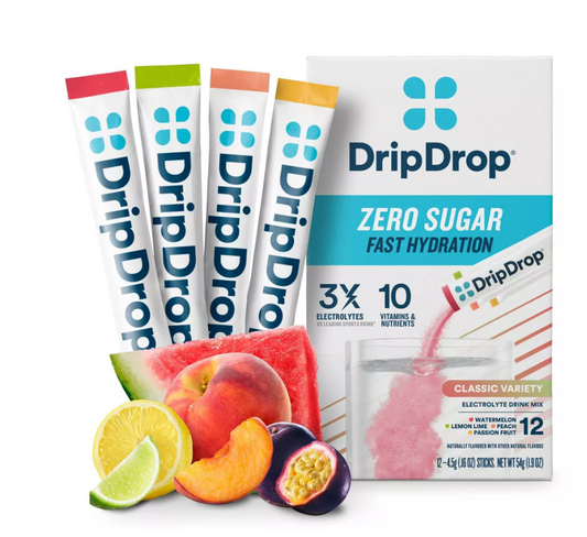 DripDrop Zero Sugar Hydration Powder Vegan Electrolyte Supplements - Watermelon, Lemon Lime, Peach, Passion Fruit - 0.16oz/12ct